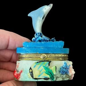 Dolphin Trinket Box Blue Jumping Bahamas Beach Souvenir Ceramic Resin? Sea Shell